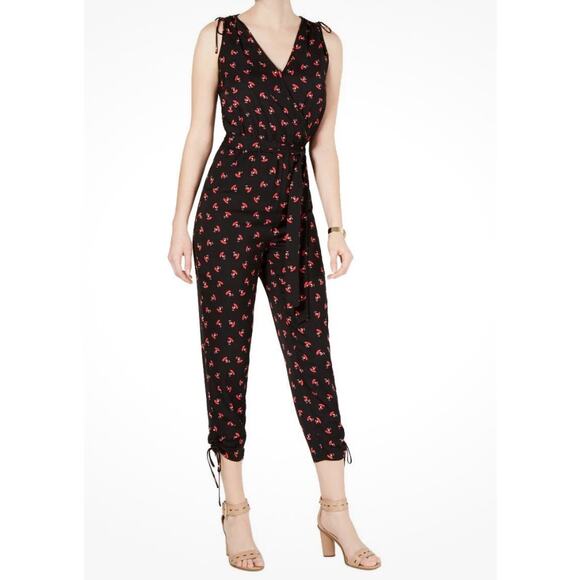 19 COOPER Women's Black/red Floral-print Tie-waist Ruched-hem Jumpsuit Small - Picture 1 of 12